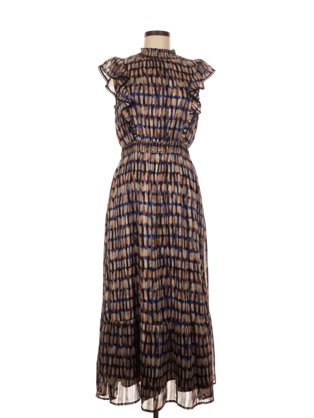 Lost + Wander Navy and Tan Printed Ruffle Maxi Dress